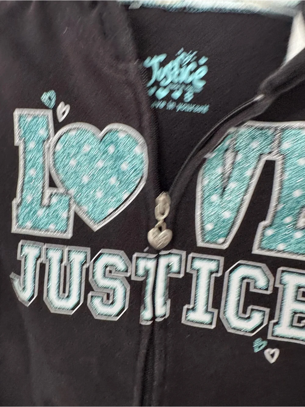Justice Black Zip-Up Hoodie with Teal Glitter 'LOVE' Graphic Size 8